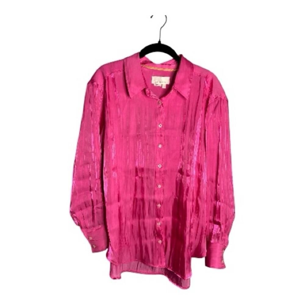 Anthropologie Bright Pink Shimmery Long Sleeve Button Front Blouse Medium